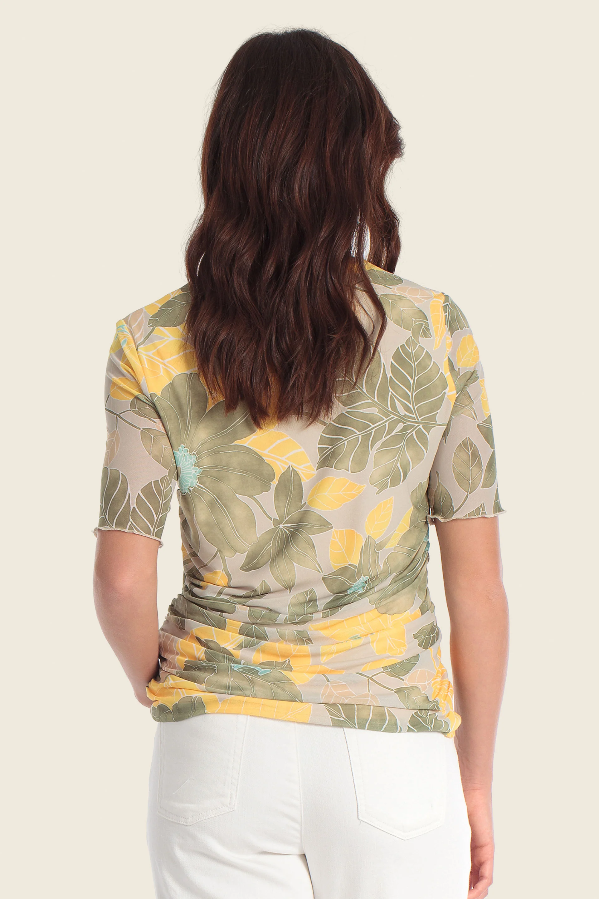 Bedrucktes Mesh-T-Shirt mit floralem Blättermuster