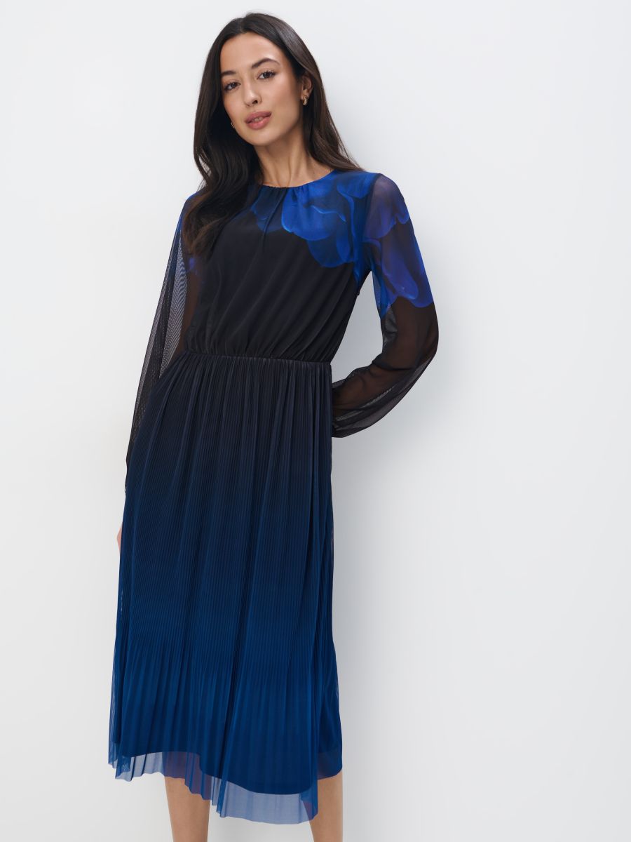 Granatowa sukienka midi z dzianiny mesh