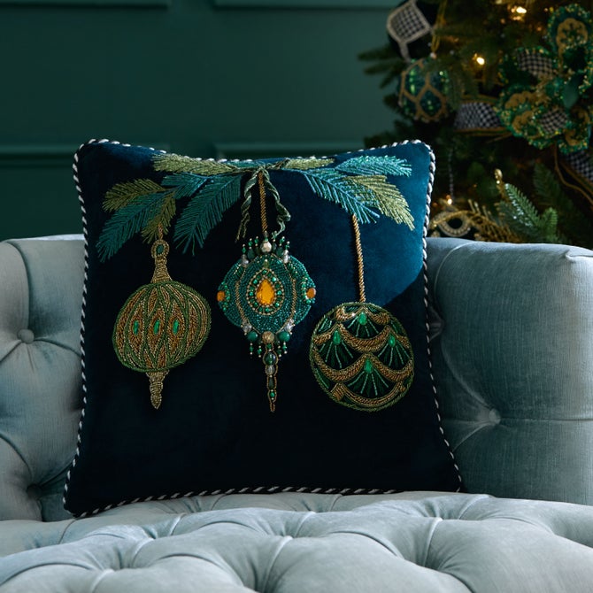 Emerald Ornaments Beaded Throw Pillow