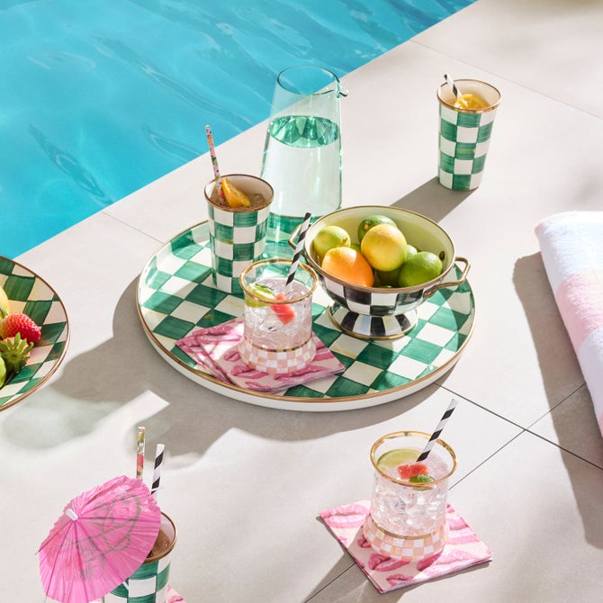 Check Enamelware Round Tray