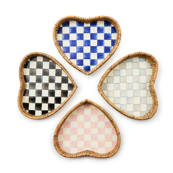 Rosy Check Enamel & Rattan Heart Tray