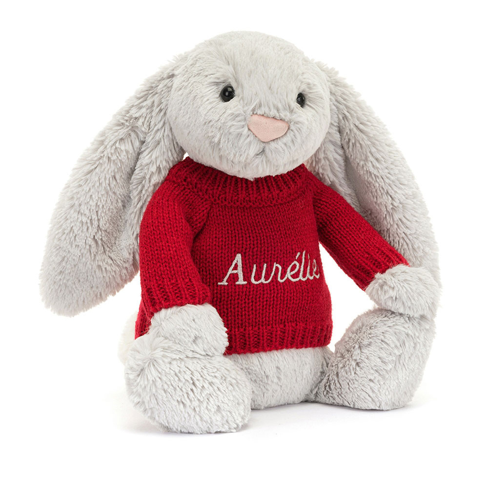 Bashful Silver Bunny With Personalised Red Jumper
