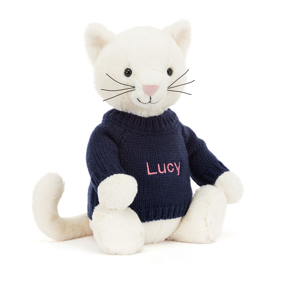 Bashful Cream Kitten With Personalised Navy Jumper
