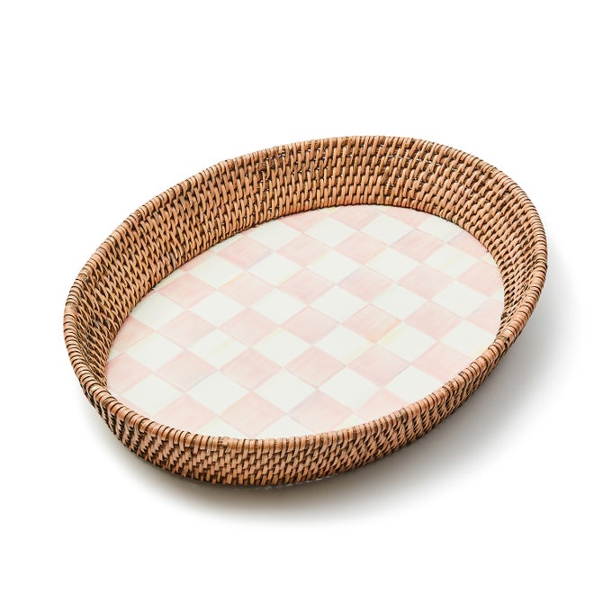 Rosy Check Large Enamel & Rattan Serving Tray