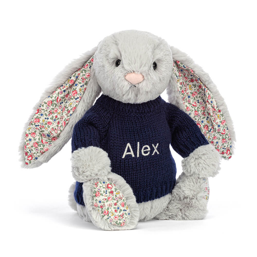 Blossom Silver Bunny With Personalised Navy Jumper