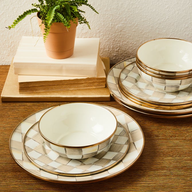 Mocha Check Dinnerware 12pc Complete Set