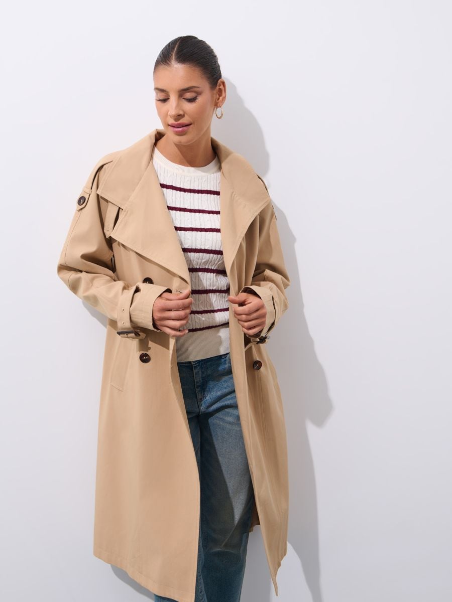 Czekoladowy trencz z bawełny i wiskozy