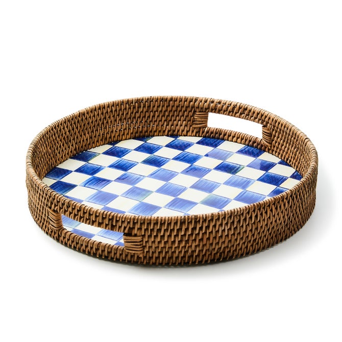 Royal Check Enamel & Rattan Round Serving Tray