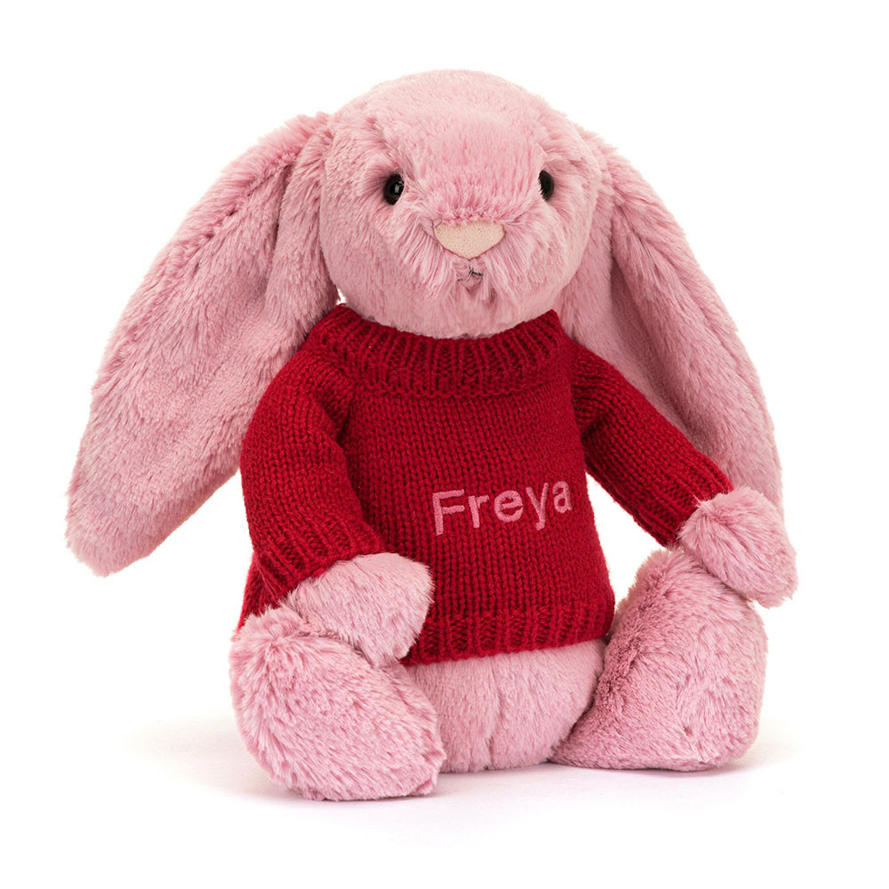 Bashful Tulip Pink Bunny With Personalised Red Jumper