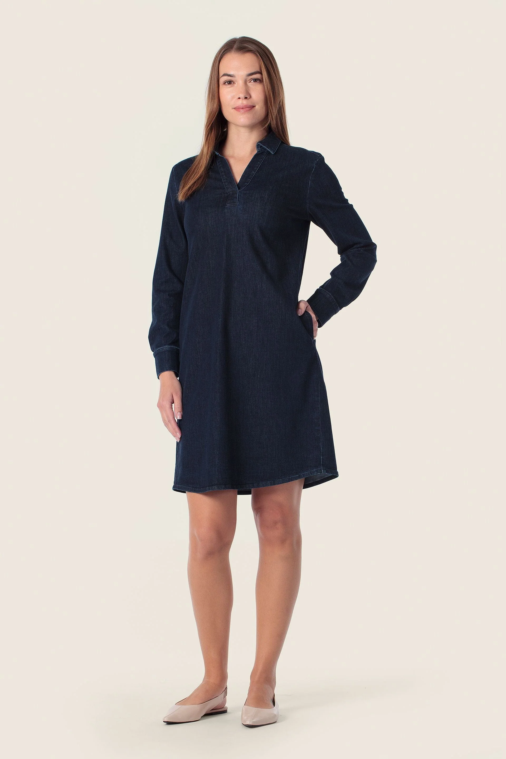 Denim Hemdblusenkleid Kragen Baumwolle Blau