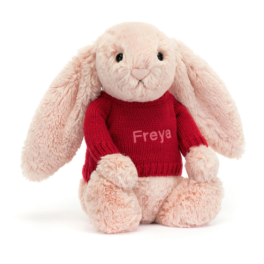 Bashful Blush Bunny With Personalised Red Jumper