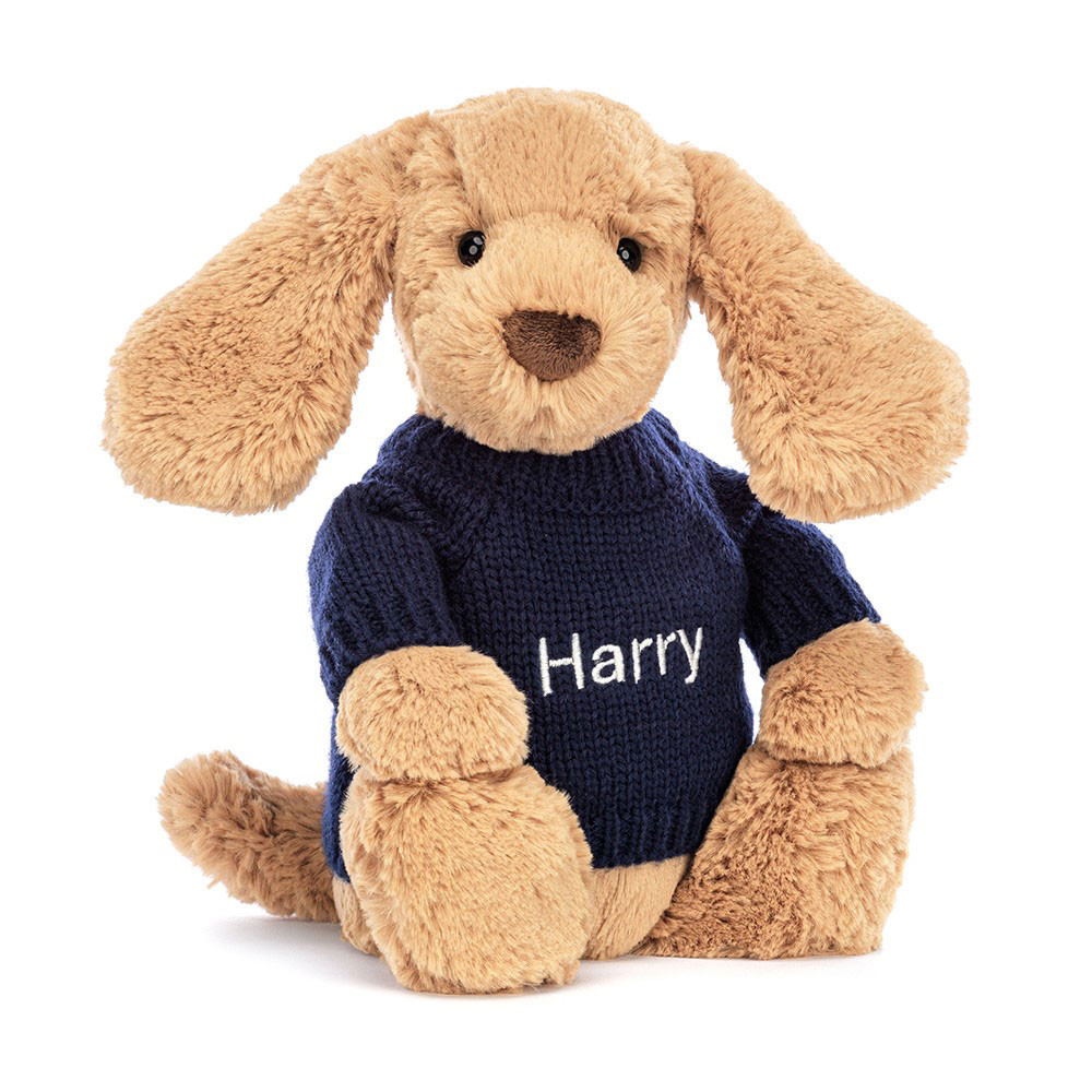 Bashful Toffee Puppy With Personalised Navy Jumper