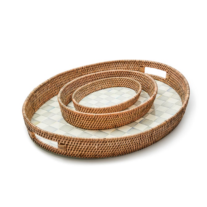 Sterling Check Small Enamel & Rattan Serving Tray