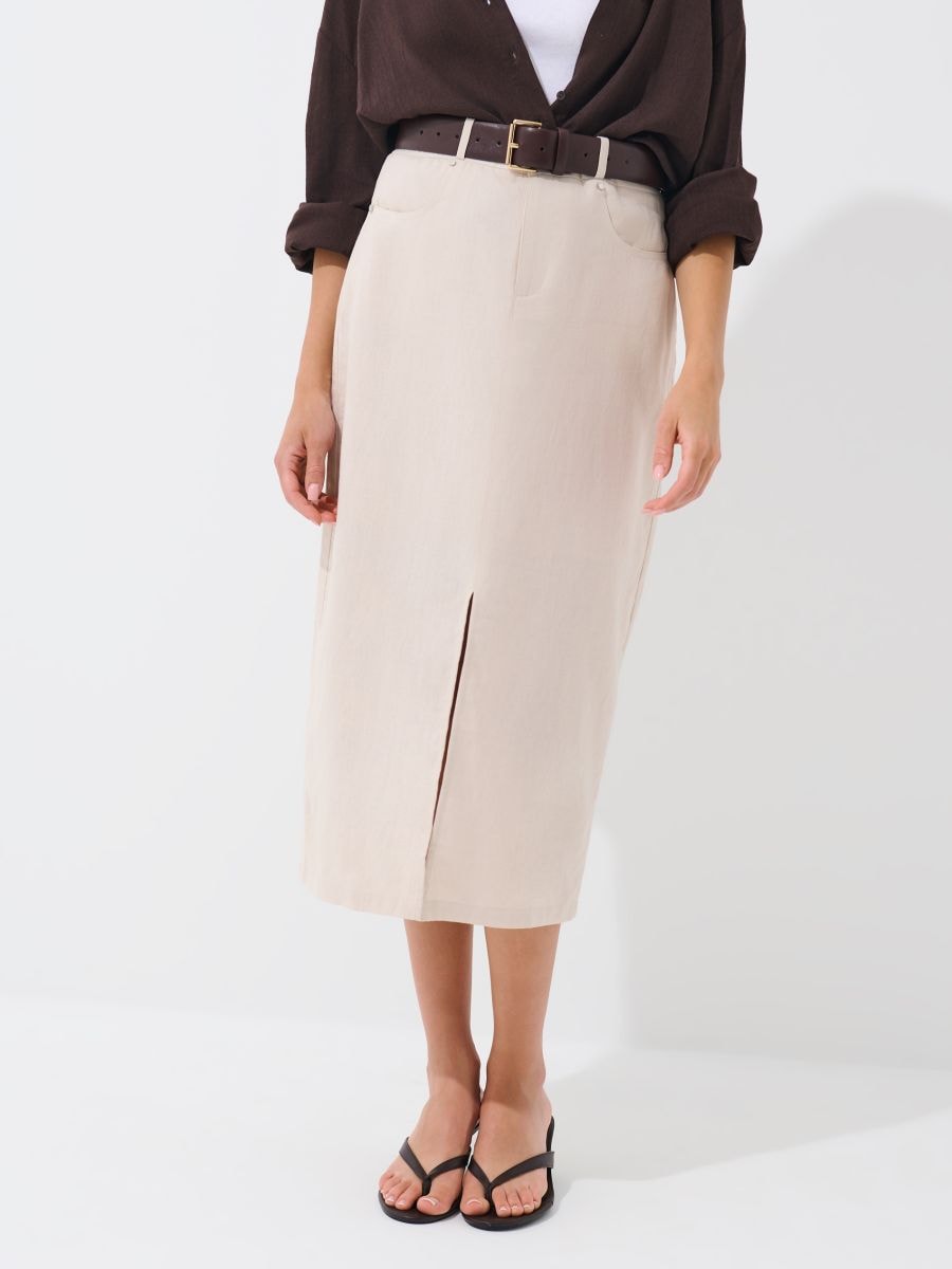 Kremowa spódnica midi z lnu i wiskozy