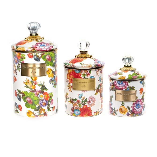 White Flower Market Enamel Canisters