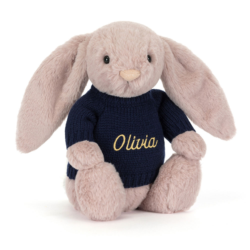 Bashful Luxe Bunny Rosa With Personalised Navy Jumper