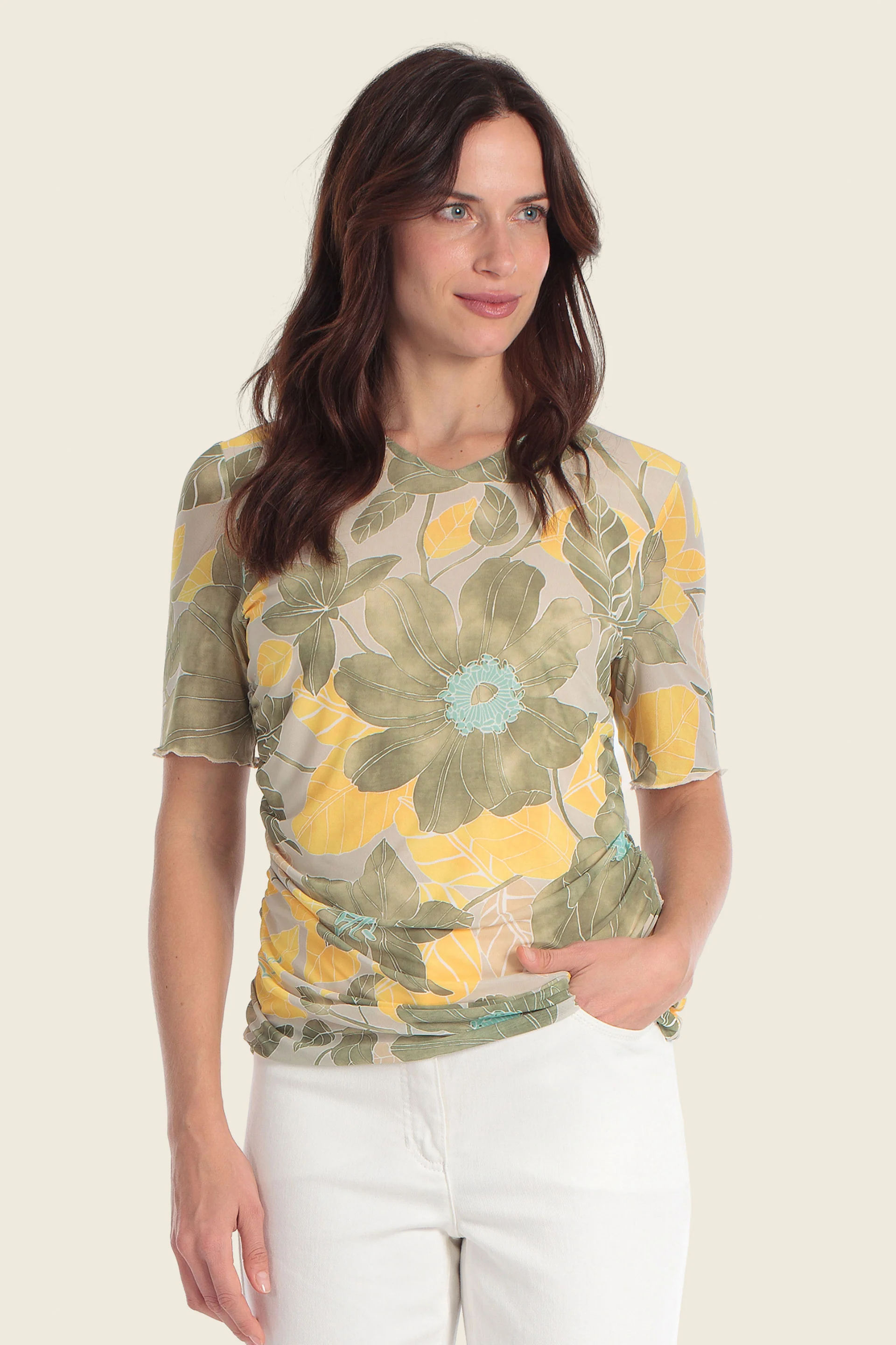 Bedrucktes Mesh-T-Shirt mit floralem Blättermuster