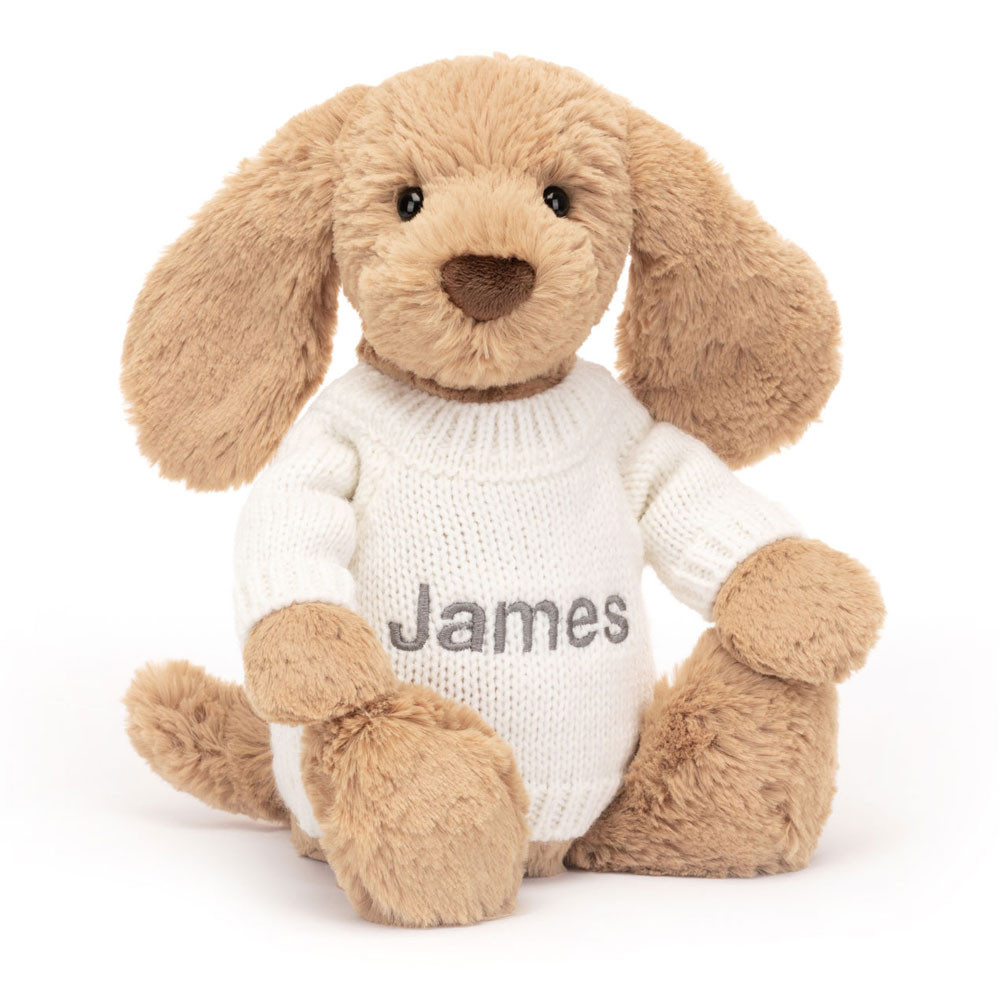 Bashful Toffee Puppy With Personalised Cream Jumper