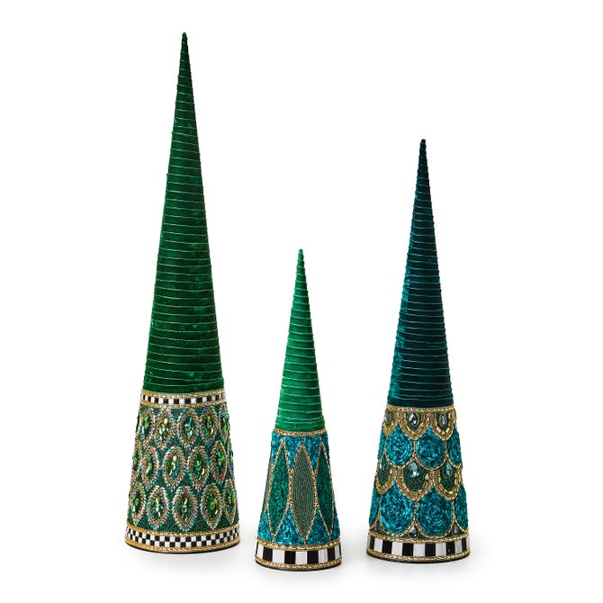 Emerald Luxe Beaded Cone Trees Set of 3