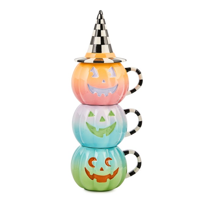 Trick or Treat Lidded Pumpkin Mug Tower, Set of 3