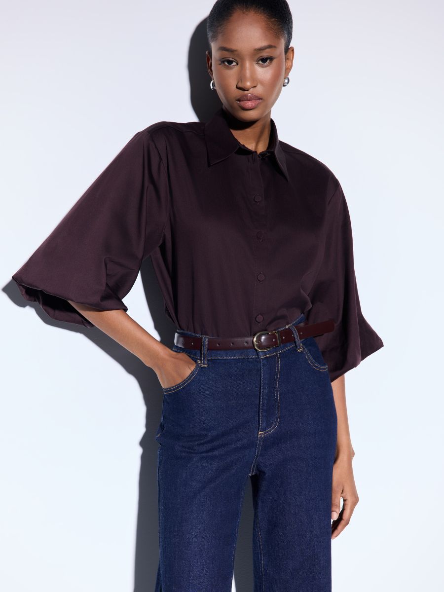 Brązowa koszula z bufiastymi rękawami