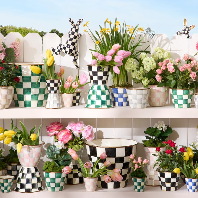Enamel Check Large Flower Pot