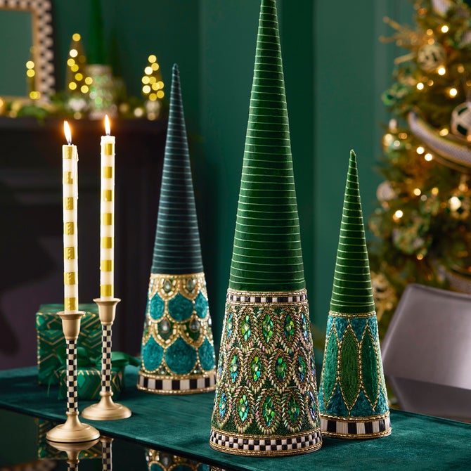 Emerald Luxe Beaded Cone Trees Set of 3