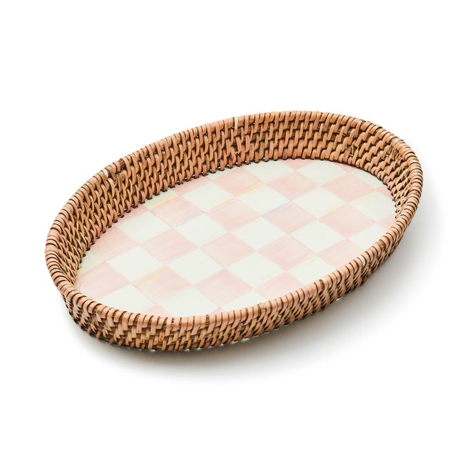 Rosy Check Small Enamel & Rattan Serving Tray