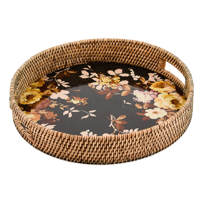 Wild Rose Brown Enamel & Rattan Round Serving Tray
