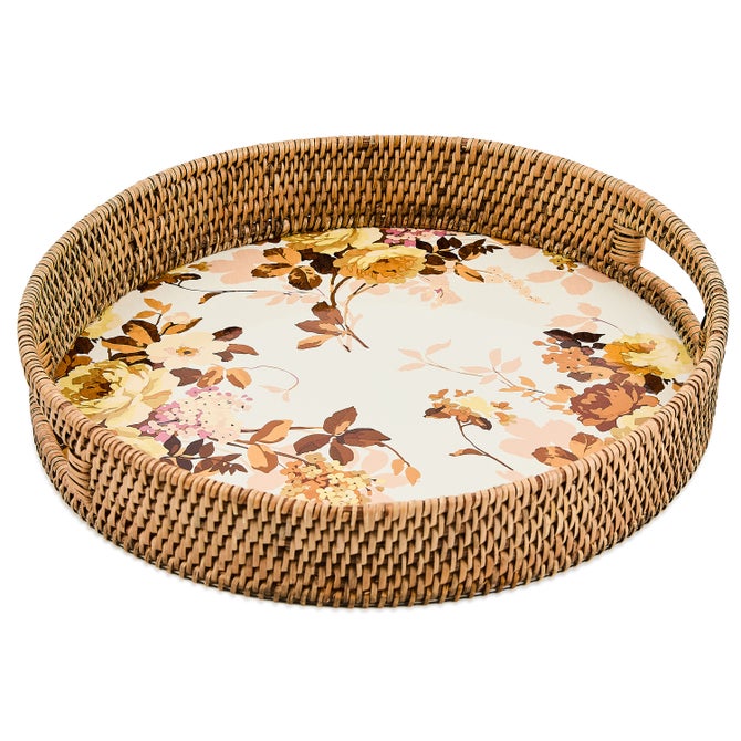 Wild Rose White Enamel & Rattan Round Serving Tray