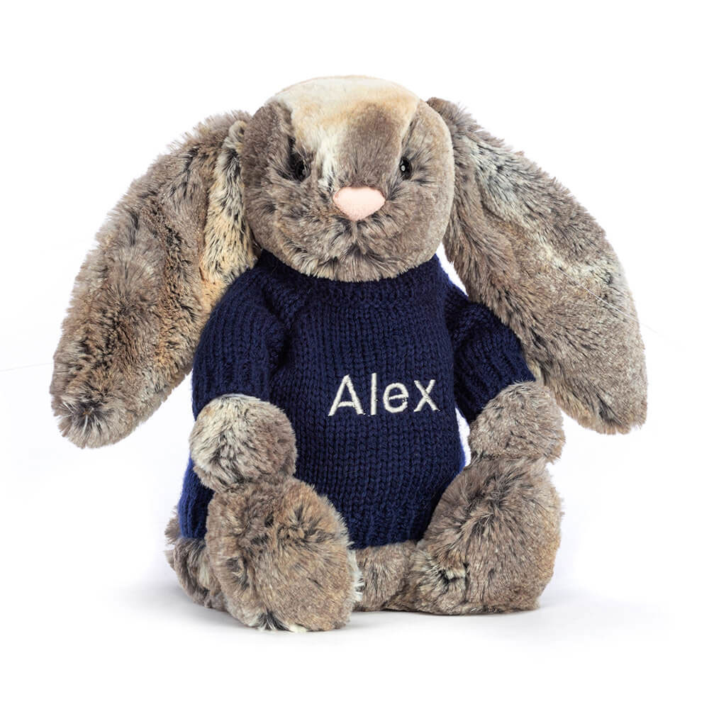 Bashful Cottontail Bunny With Personalised Navy Jumper