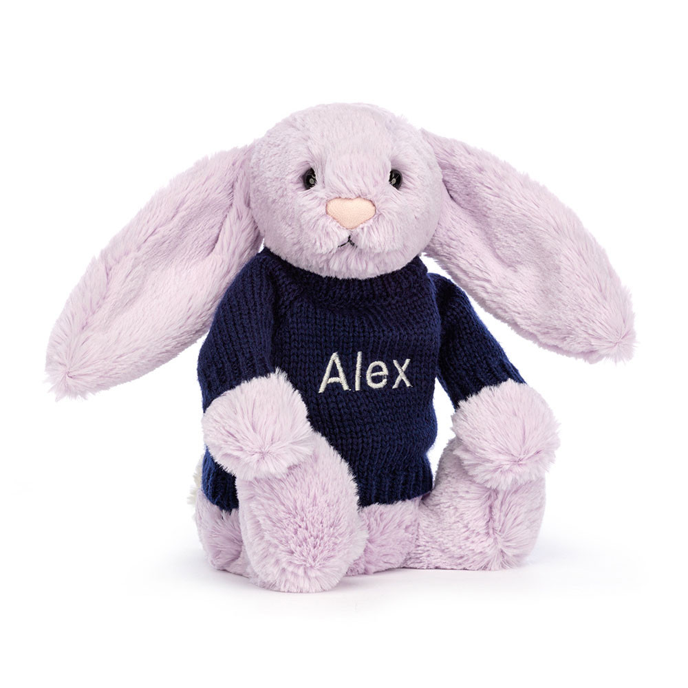 Bashful Lilac Bunny With Personalised Navy Jumper