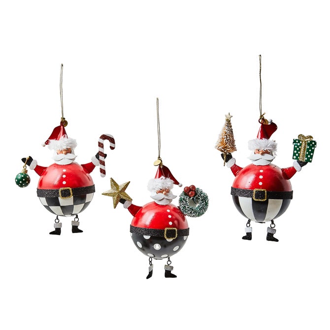 Merry Christmas Tin Santa Ornaments, Set of 3