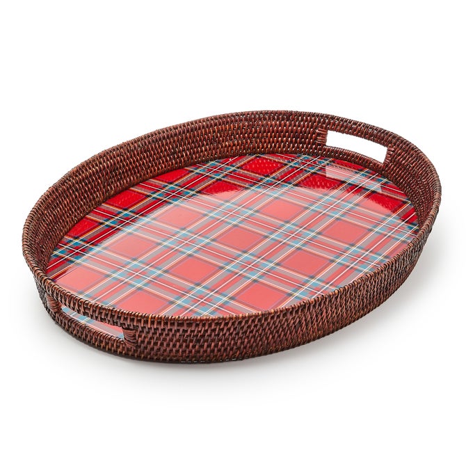 Tartan Enamel & Rattan Tray