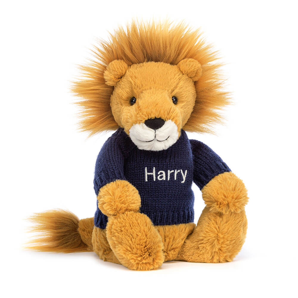 Bashful Lion With Personalised Navy Jumper
