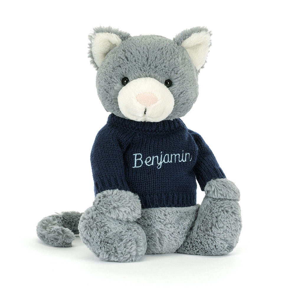 Bashful Kitten With Personalised Navy Jumper