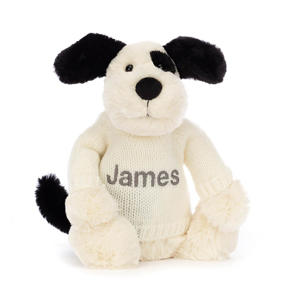Bashful Black & Cream Puppy With Personalised Cream Jumper