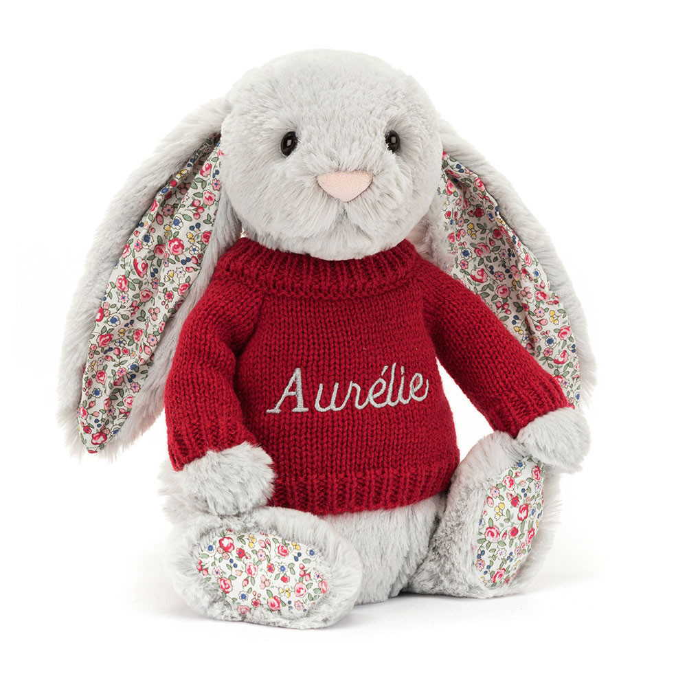 Blossom Silver Bunny With Personalised Red Jumper
