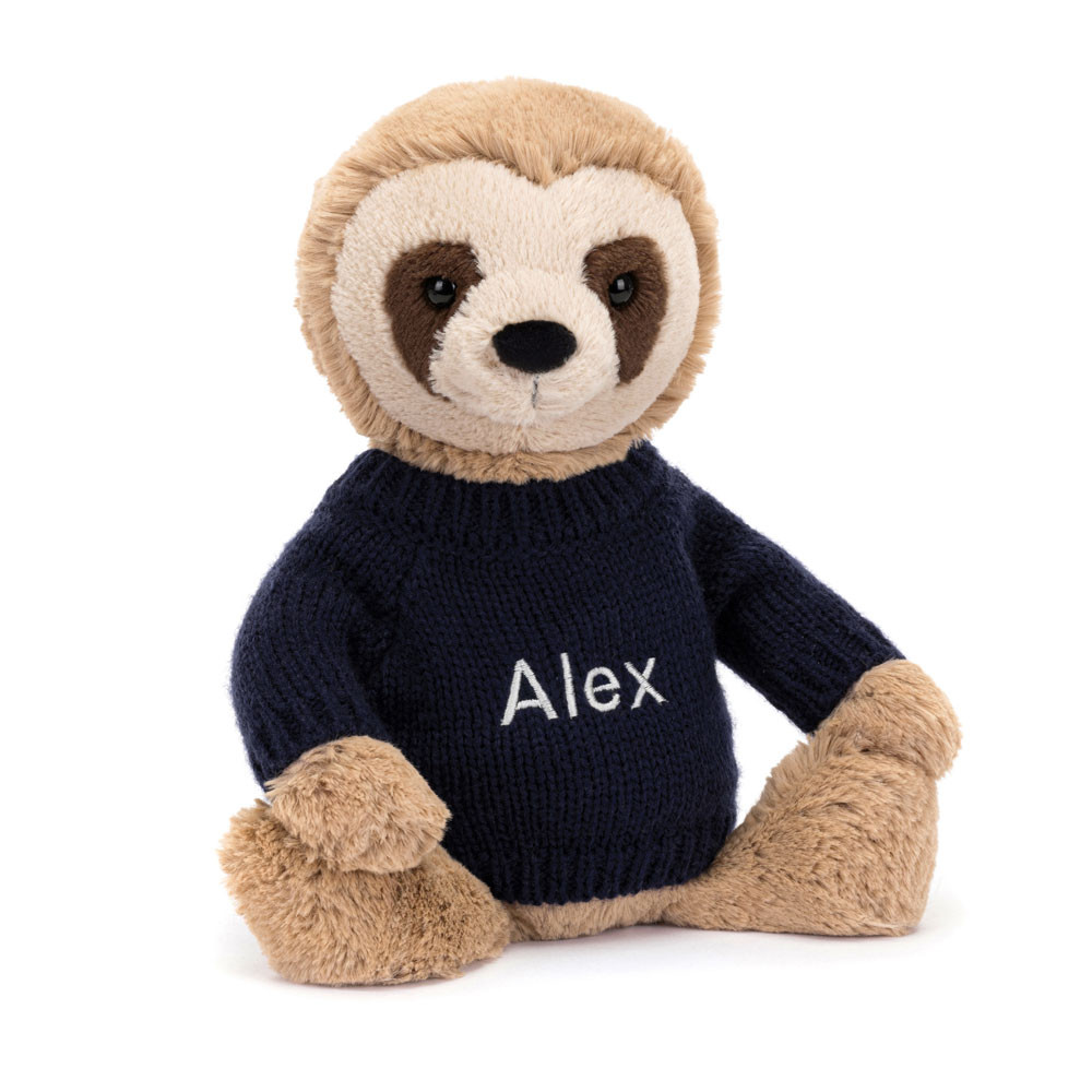 Bashful Sloth With Personalised Navy Jumper