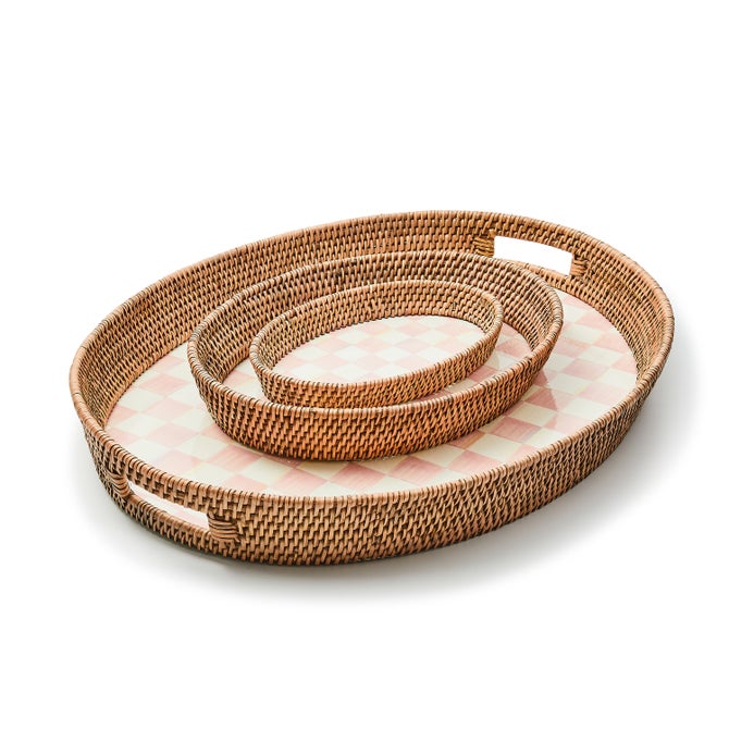 Rosy Check Large Enamel & Rattan Serving Tray
