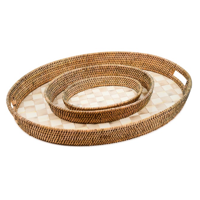 Mocha Check Enamel & Rattan Party Tray
