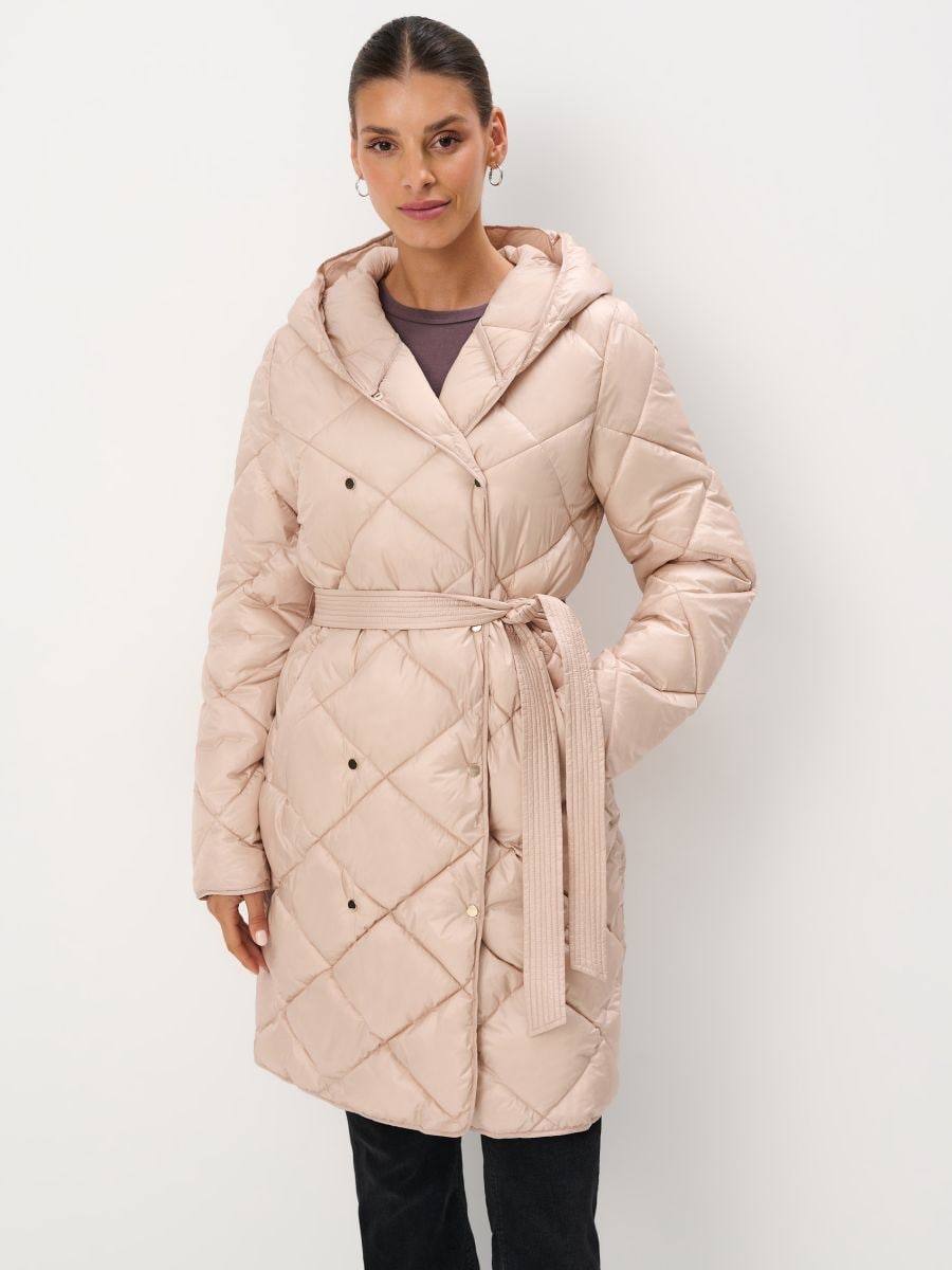 Zimowy granatowy płaszcz z kapturem