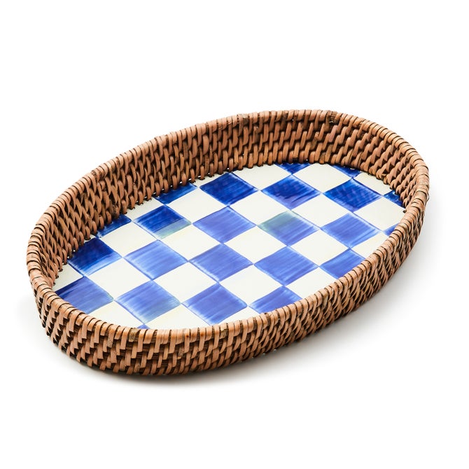 Royal Check Small Enamel & Rattan Serving Tray