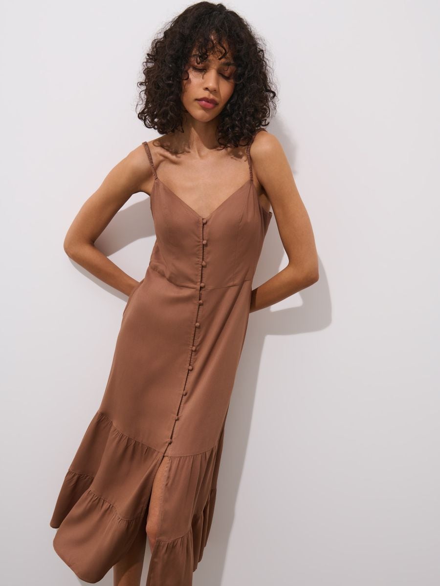 Brązowa sukienka midi z wiskozy