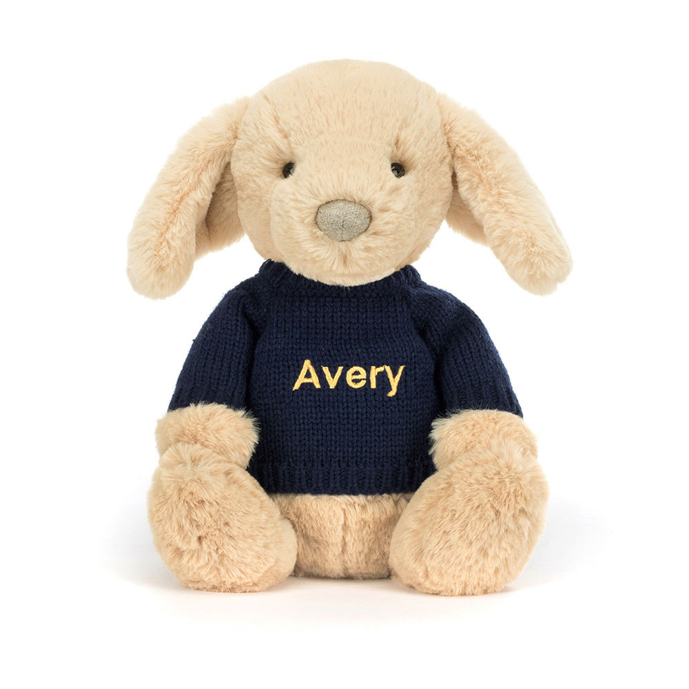 Bashful Luxe Puppy Orlando With Personalised Navy Jumper
