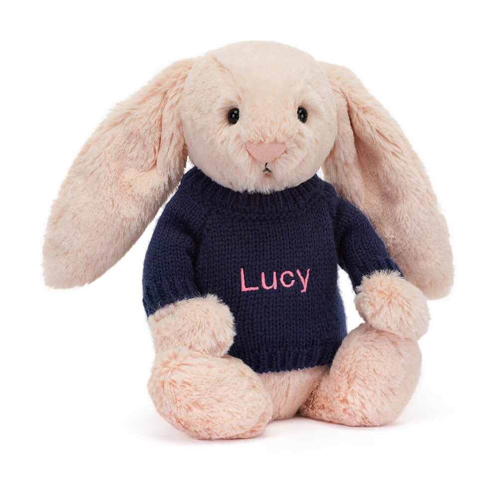 Bashful Blush Bunny With Personalised Navy Jumper