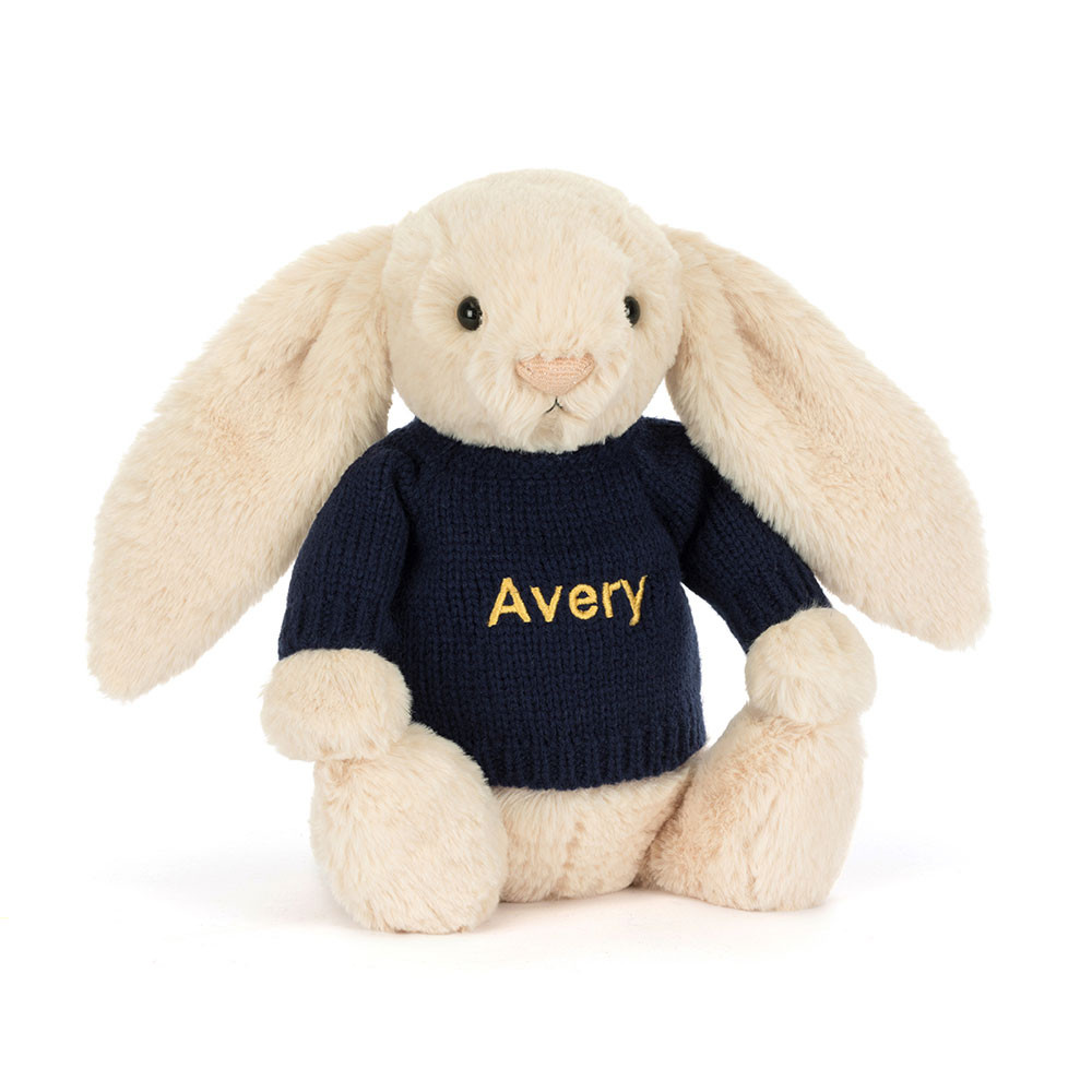 Bashful Luxe Bunny Willow With Personalised Navy Jumper