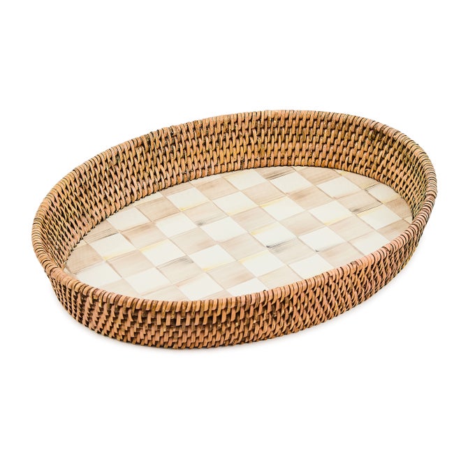 Mocha Check Enamel & Rattan Large Tray