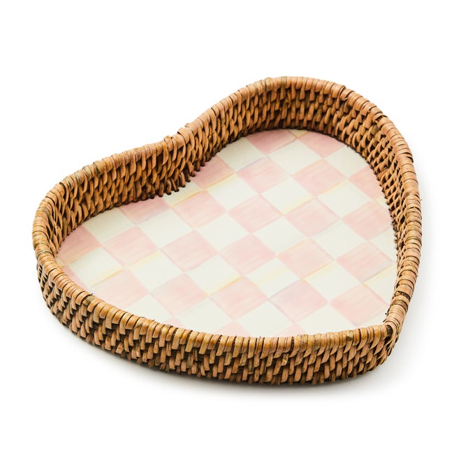 Rosy Check Enamel & Rattan Heart Tray