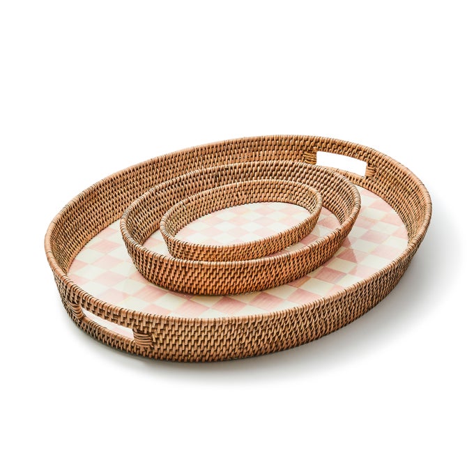 Rosy Check Small Enamel & Rattan Serving Tray